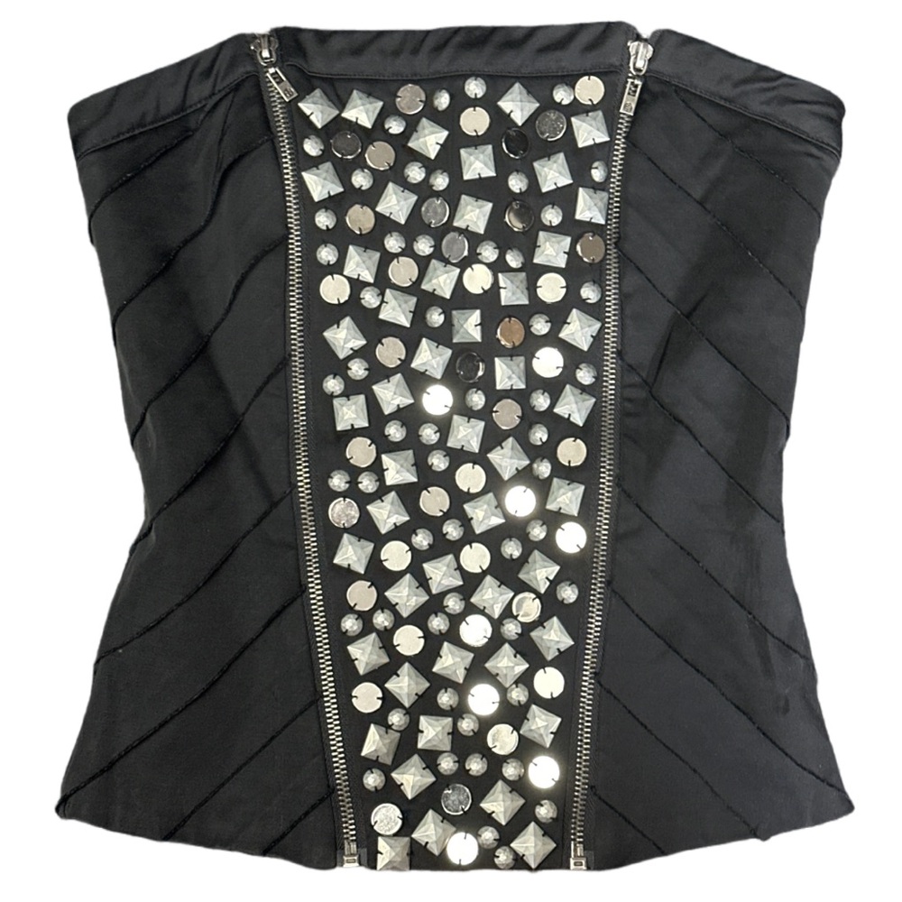 Y2K BEBE women's black silver beaded strapless top with zipper hardware, S.
